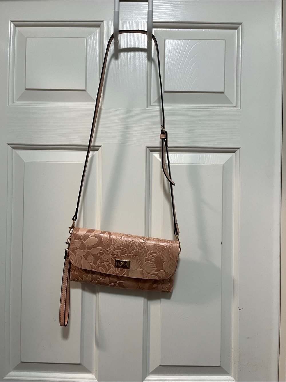 Floral Embossed Wristlet Clutch in Blush